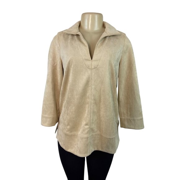 Tuckernuck Women's Beige Faux Suede 3/4 Sleeve Pullover Top Sz S - Picture 1 of 8